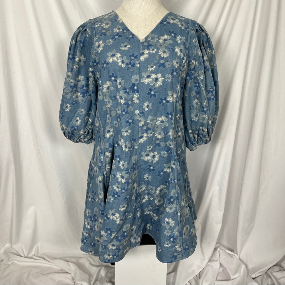 Ivy City & Co. Leah Dress in Floral Denim | Paneled Flare w/ Balloon Puff Sleeve